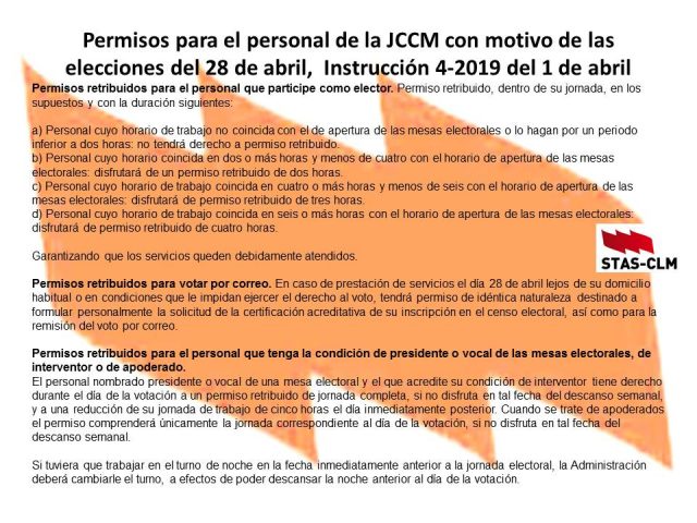 PERMISOS PARA EL PERSONAL DE LA JCCM CON MOTIVO DE LAS ELECCIONES 28 DE ABRIL 2019 PERMISOS PARA EL PERSONAL DE LA JCCM CON MOTIVO DE LAS ELECCIONES 28 DE ABRIL 2019